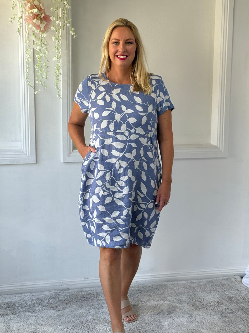 Sicily Blue Leaf Linen Dress