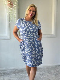 Sicily Blue Leaf Linen Dress