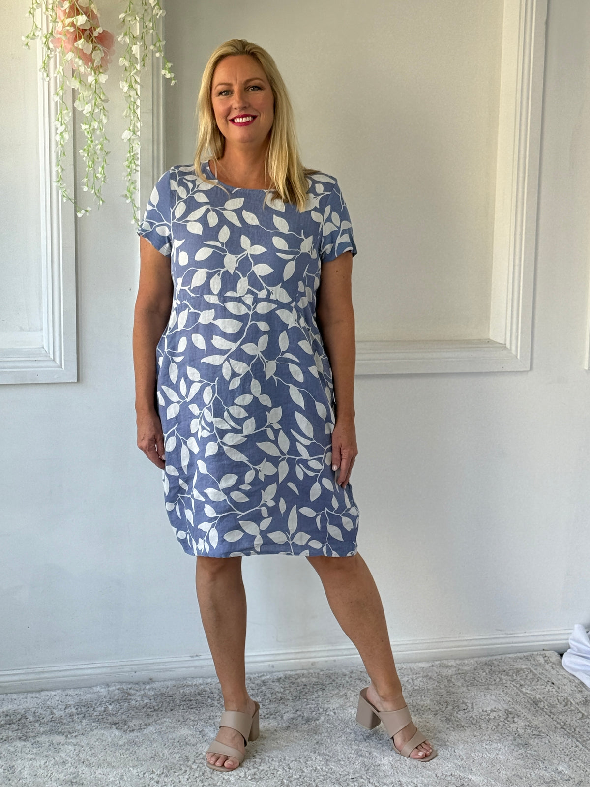 Sicily Blue Leaf Linen Dress