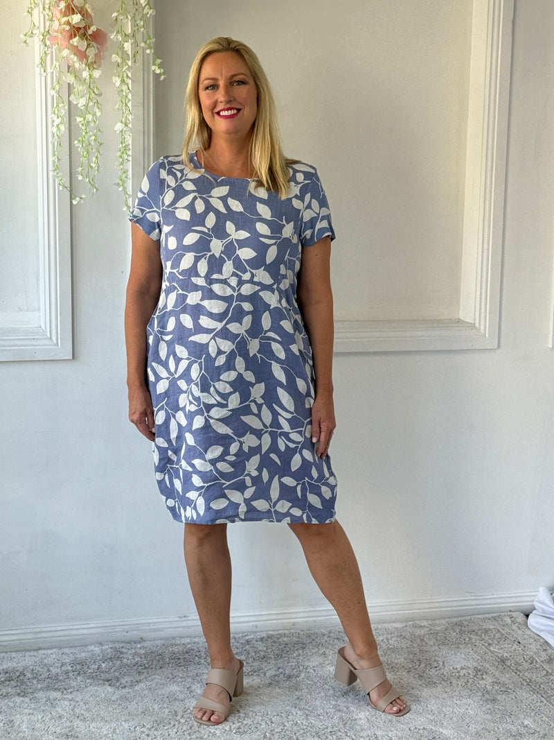 Sicily Blue Leaf Linen Dress