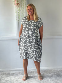 Sicily Khaki Leaf Linen Dress