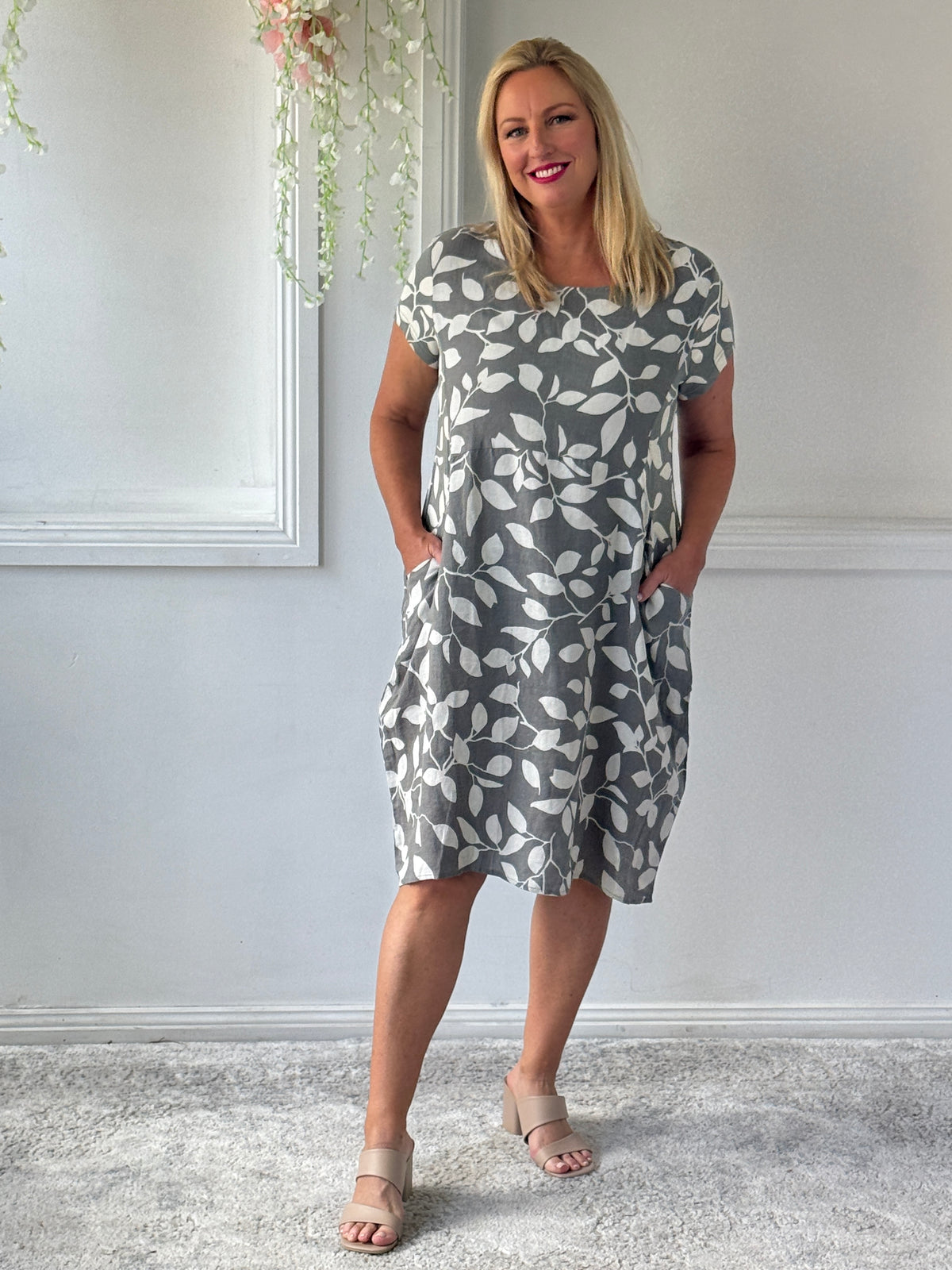 Sicily Khaki Leaf Linen Dress