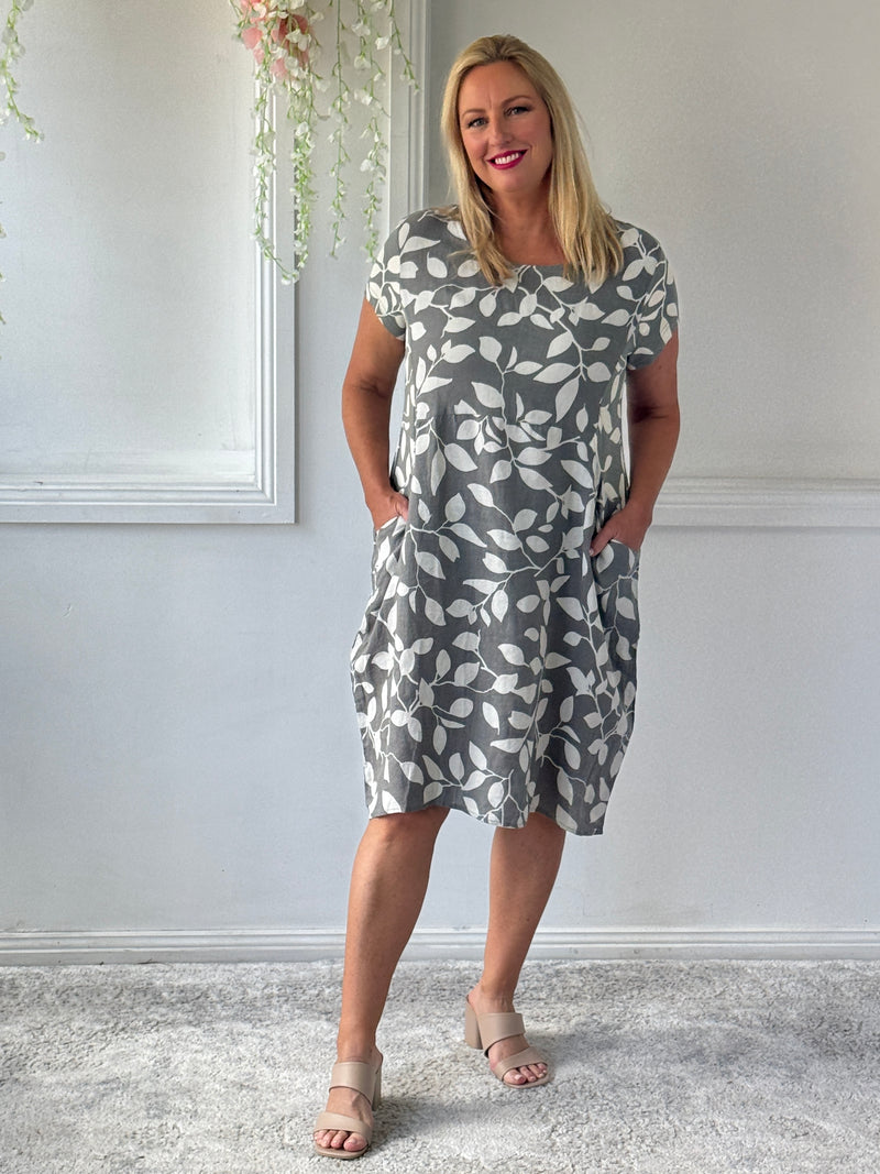 Sicily Khaki Leaf Linen Dress
