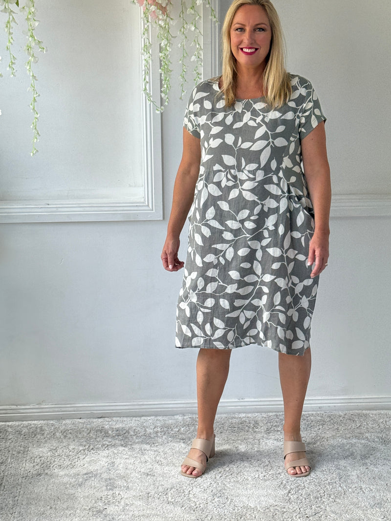 Sicily Khaki Leaf Linen Dress