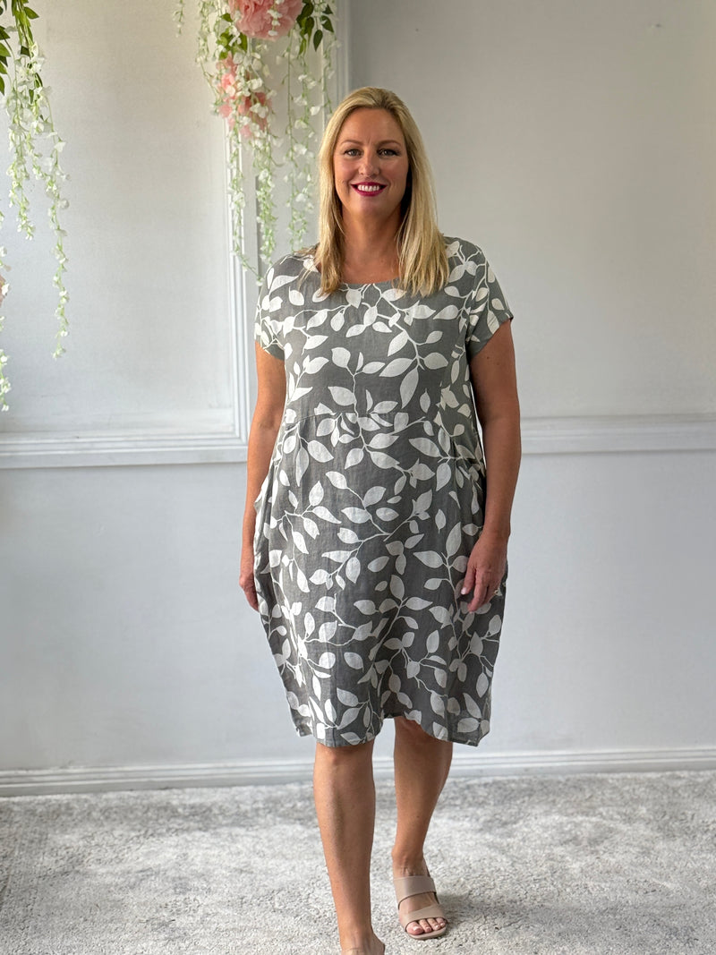 Sicily Khaki Leaf Linen Dress