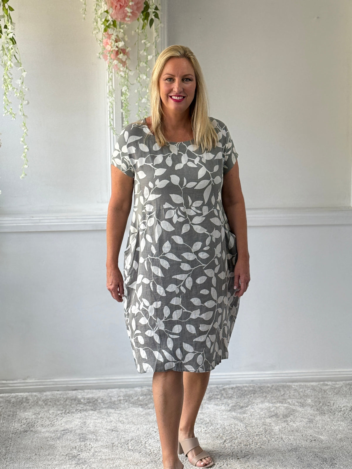 Sicily Khaki Leaf Linen Dress