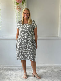 Sicily Khaki Leaf Linen Dress