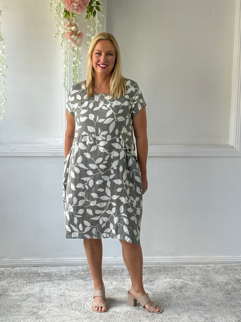 Sicily Khaki Leaf Linen Dress