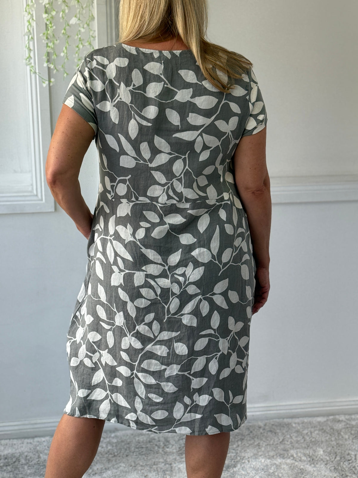 Sicily Khaki Leaf Linen Dress