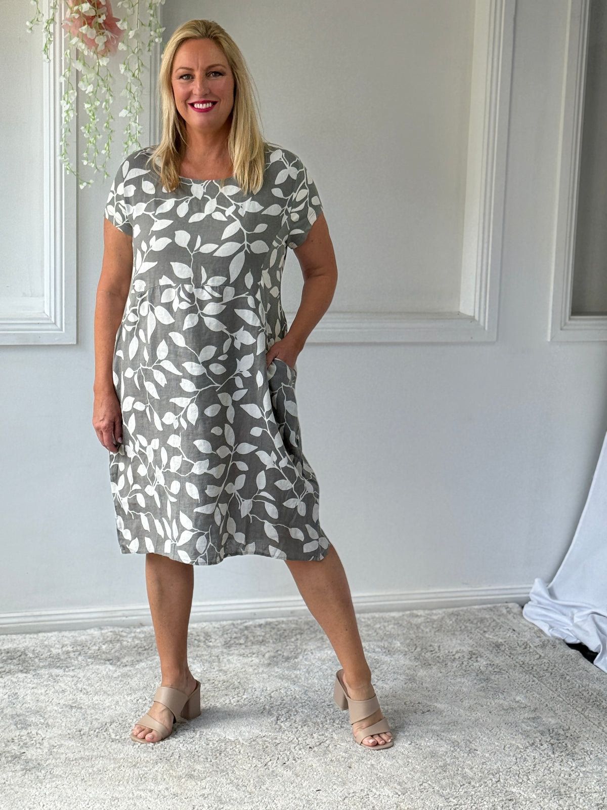 Sicily Khaki Leaf Linen Dress