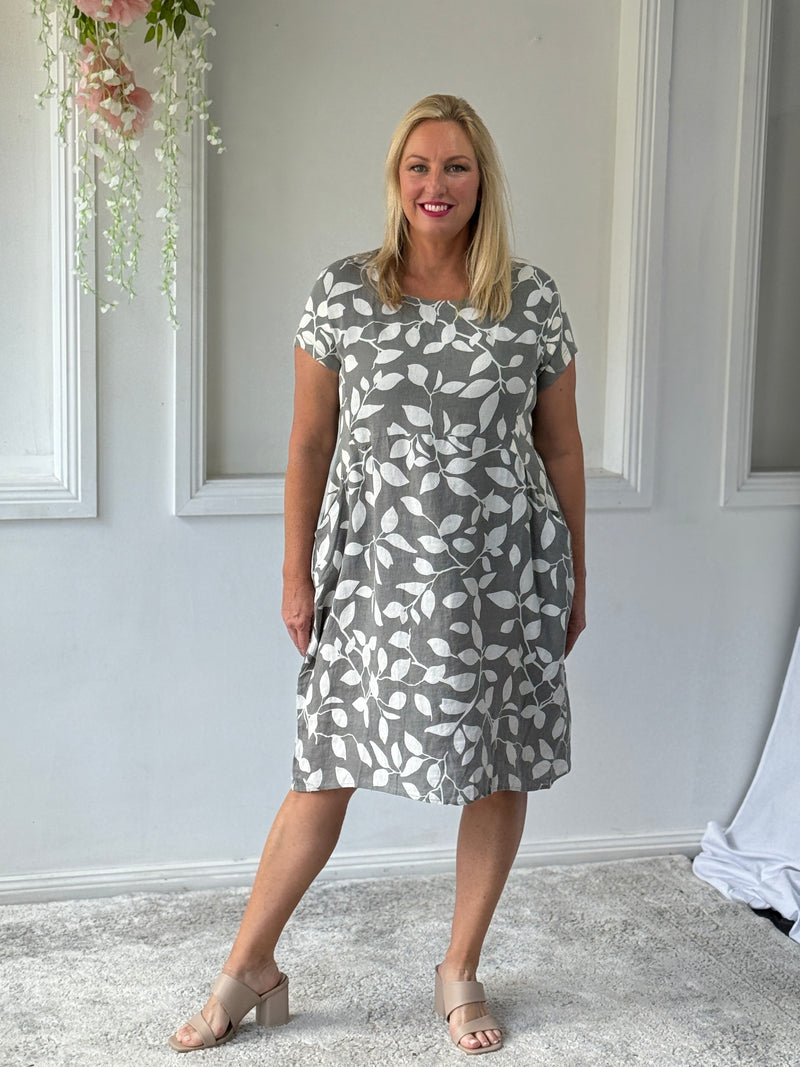 Sicily Khaki Leaf Linen Dress
