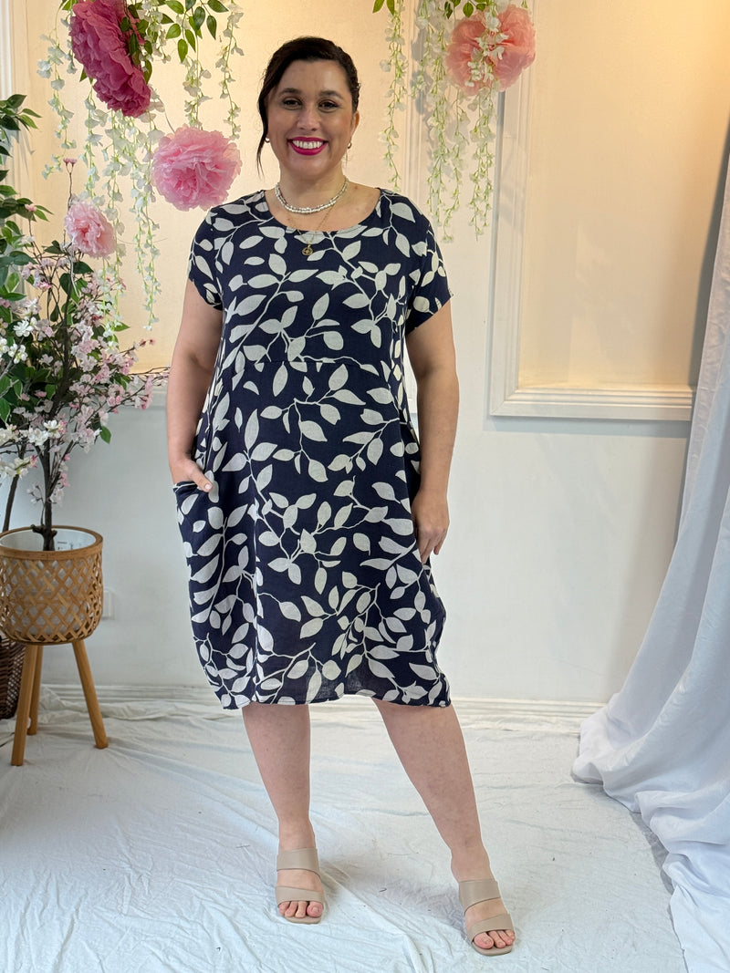 Sicily Navy Leaf Linen Dress