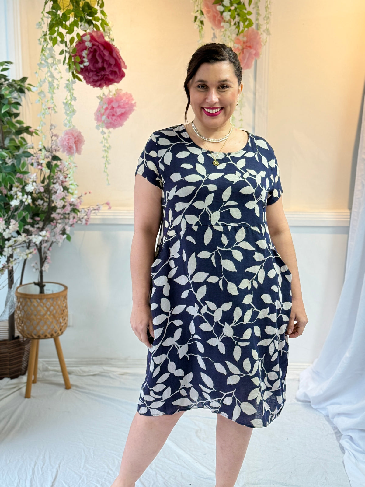 Sicily Navy Leaf Linen Dress