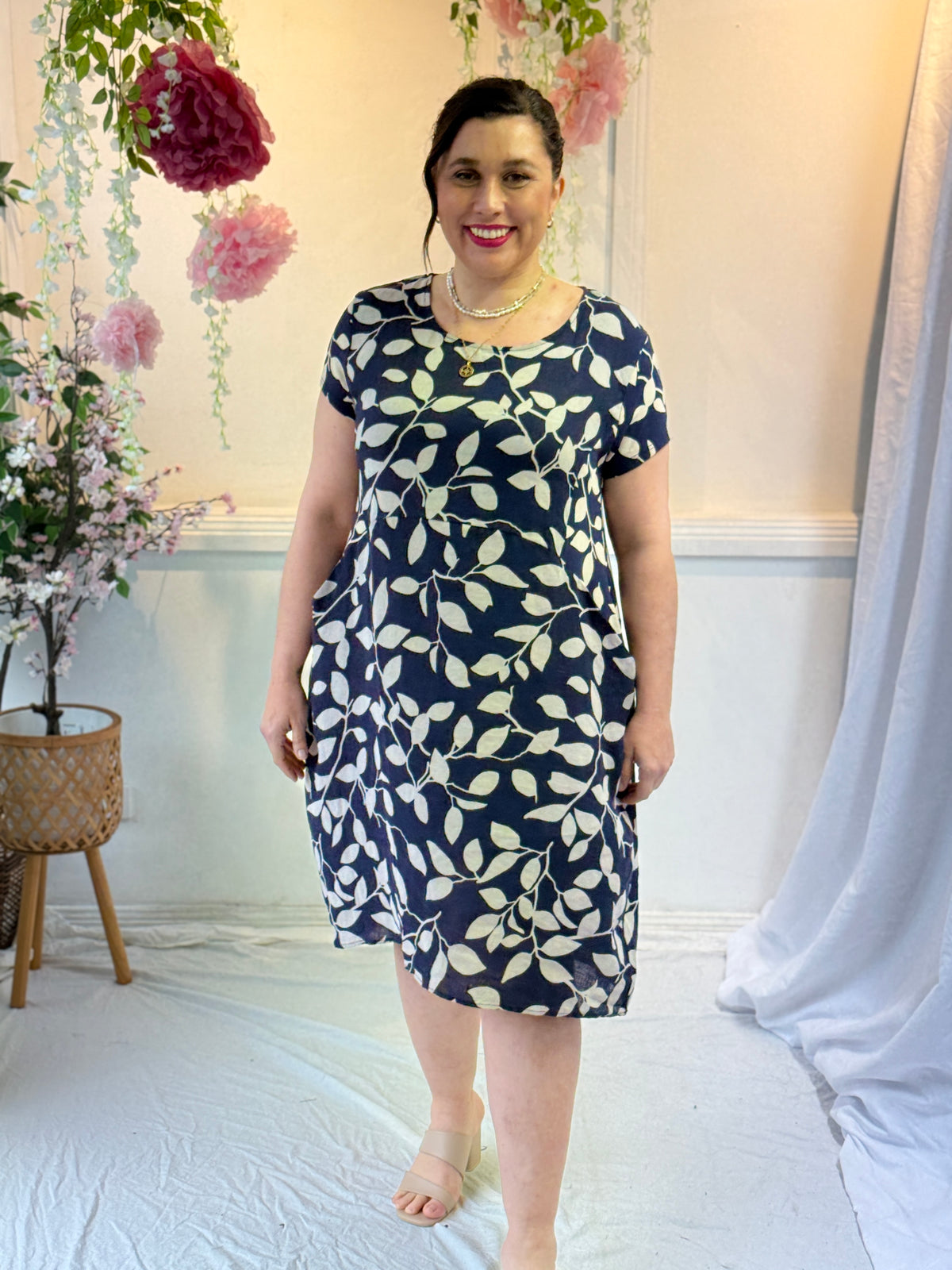 Sicily Navy Leaf Linen Dress