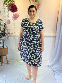 Sicily Navy Leaf Linen Dress