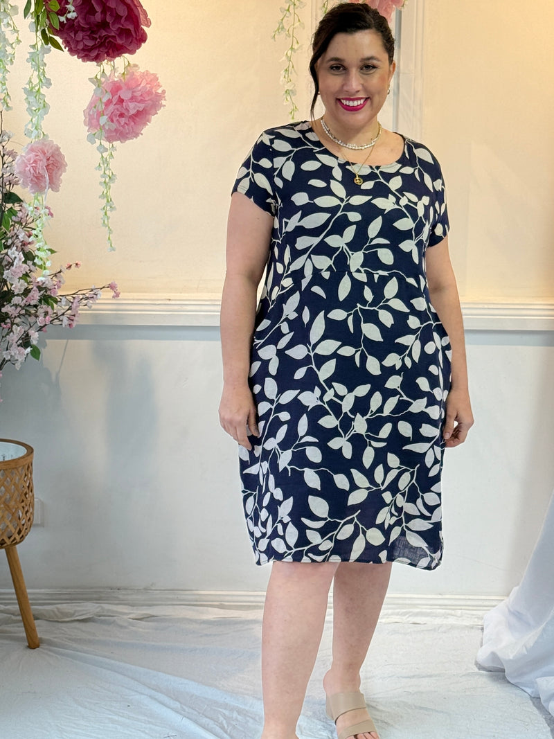 Sicily Navy Leaf Linen Dress