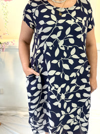 Sicily Navy Leaf Linen Dress