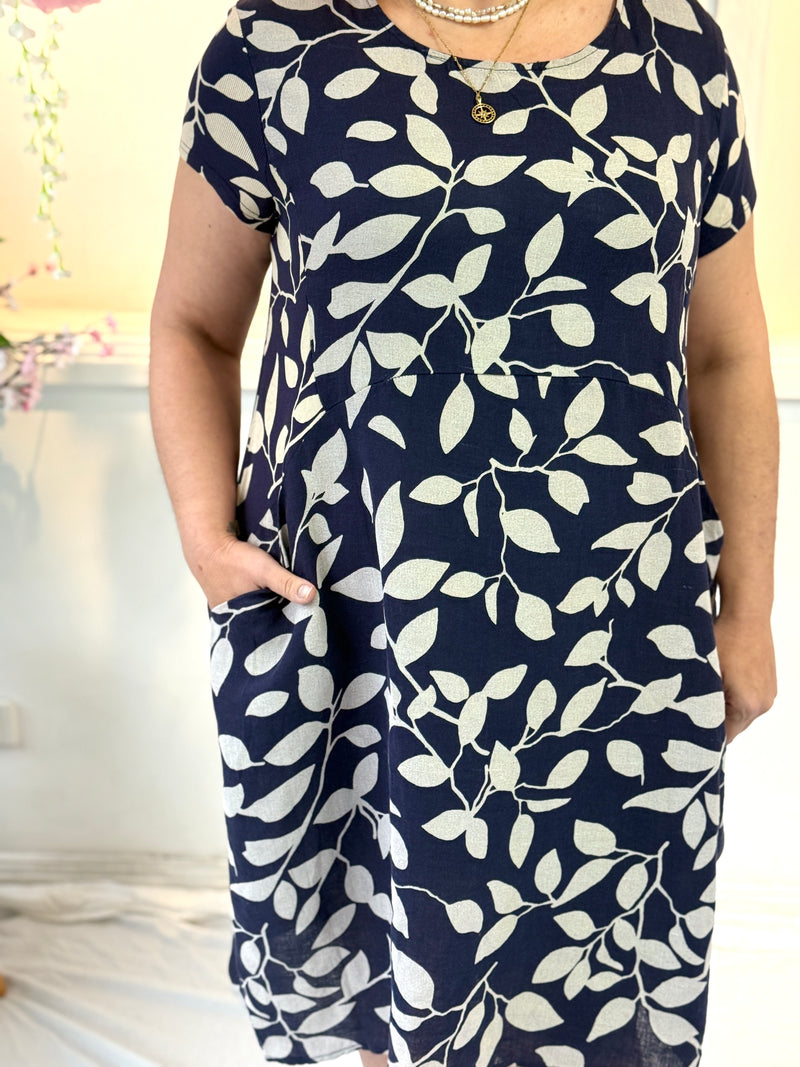 Sicily Navy Leaf Linen Dress