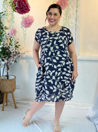 Sicily Navy Leaf Linen Dress