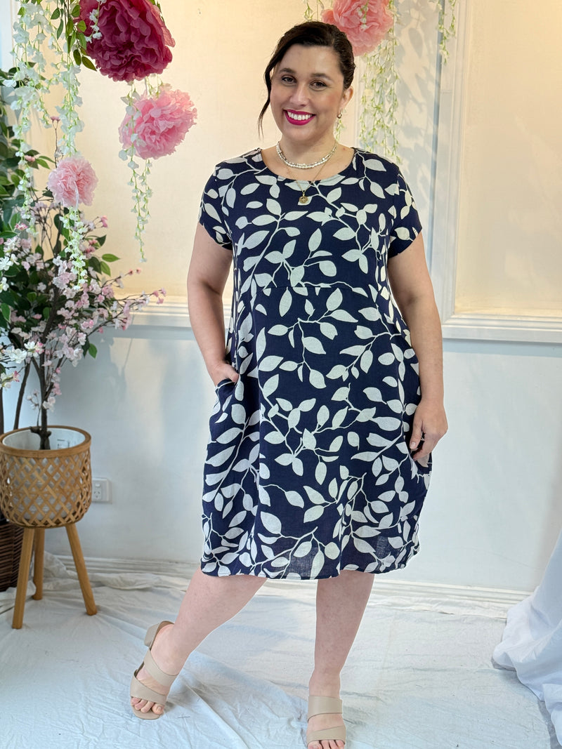 Sicily Navy Leaf Linen Dress