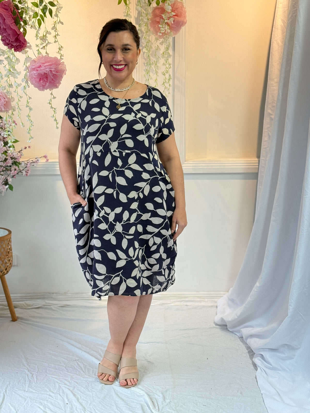 Sicily Navy Leaf Linen Dress