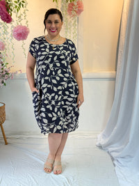 Sicily Navy Leaf Linen Dress