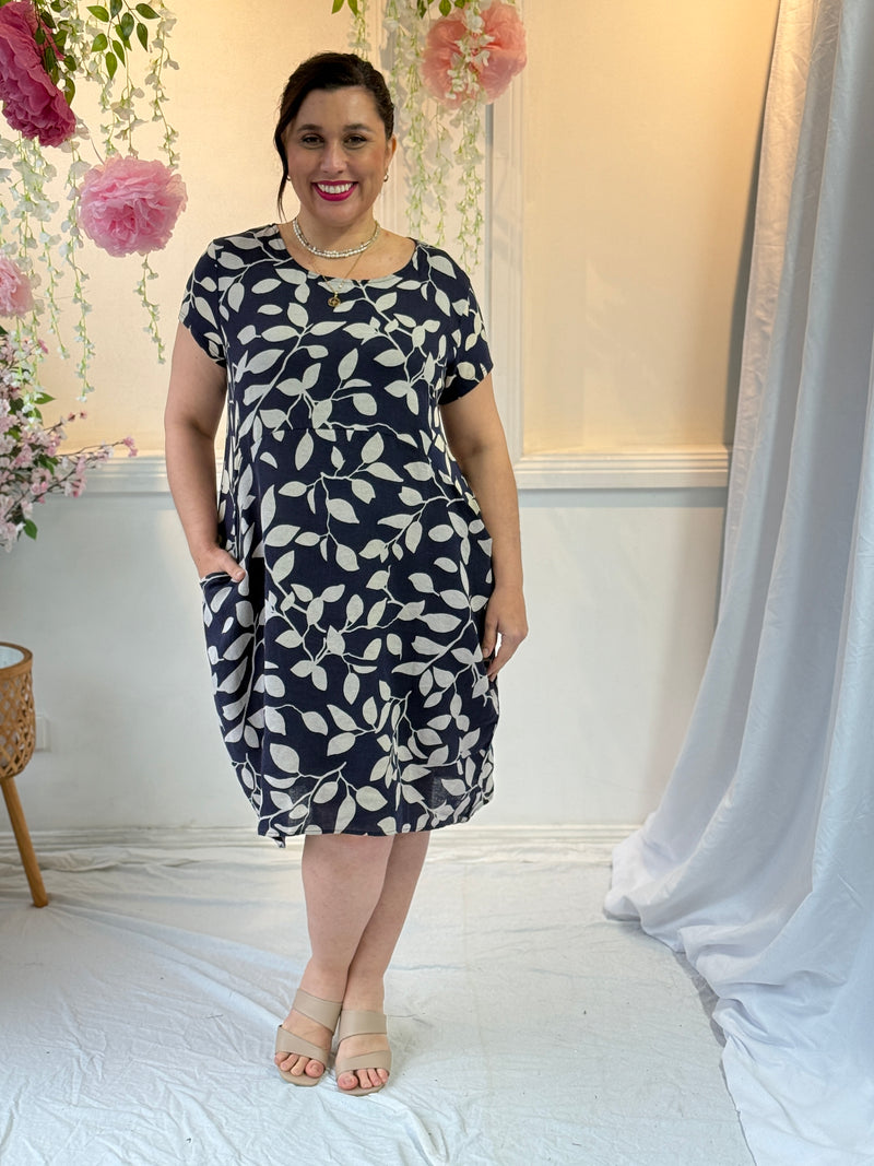 Sicily Navy Leaf Linen Dress