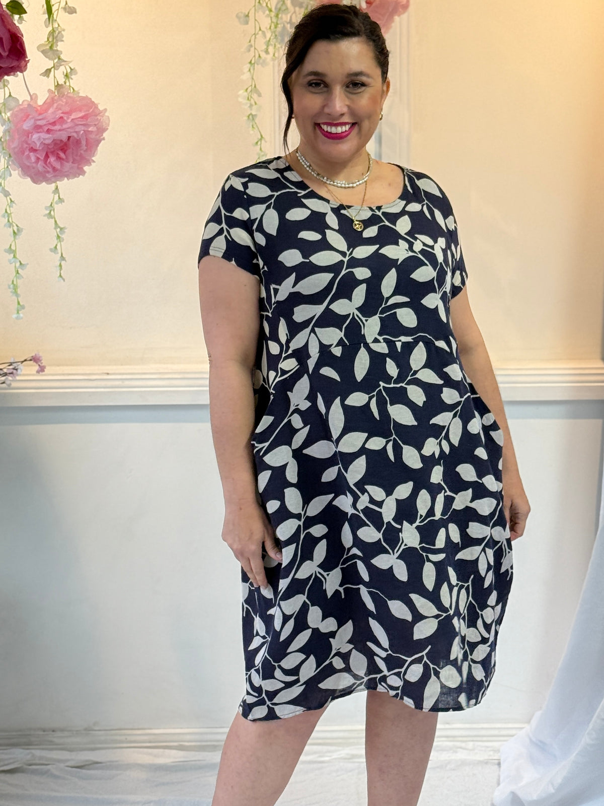 Sicily Navy Leaf Linen Dress