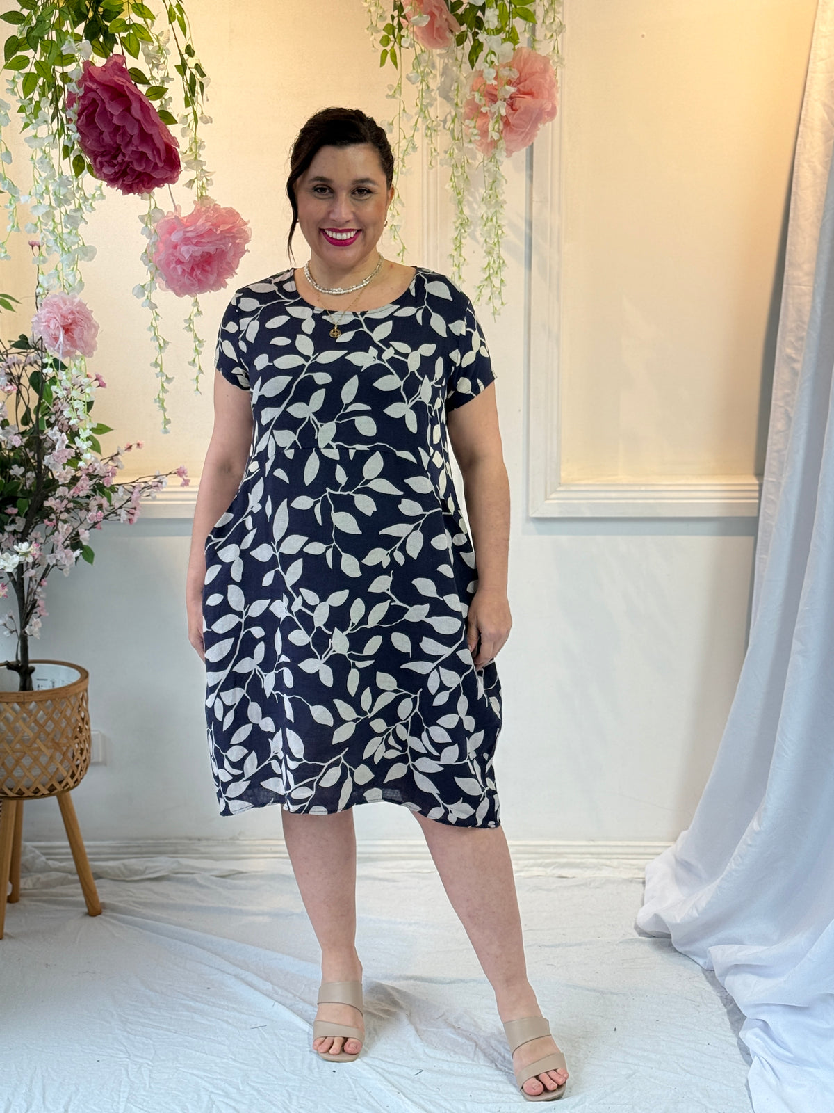 Sicily Navy Leaf Linen Dress