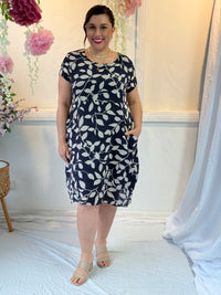 Sicily Navy Leaf Linen Dress