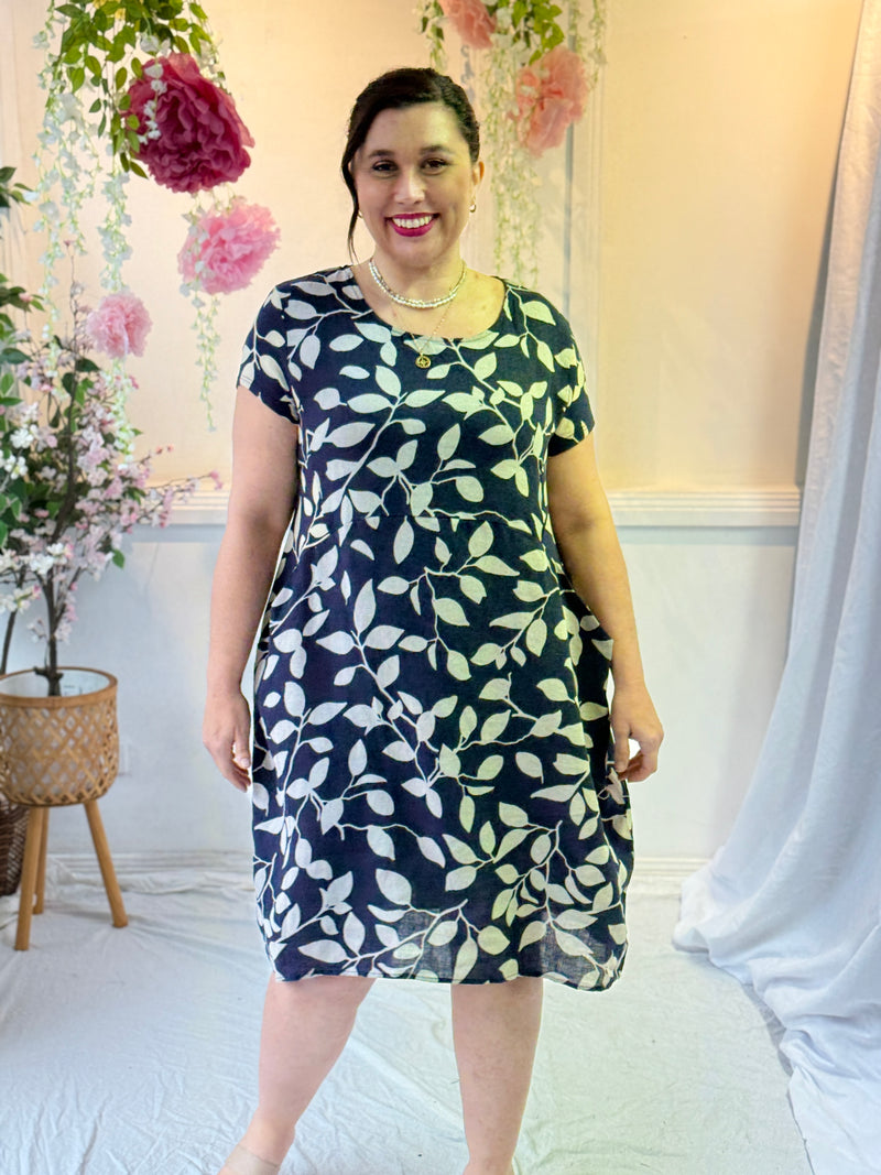 Sicily Navy Leaf Linen Dress