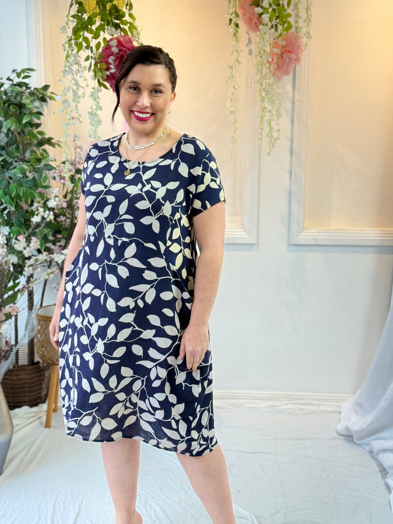 Sicily Navy Leaf Linen Dress
