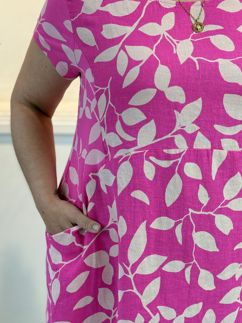 Sicily Pink Leaf Linen Dress