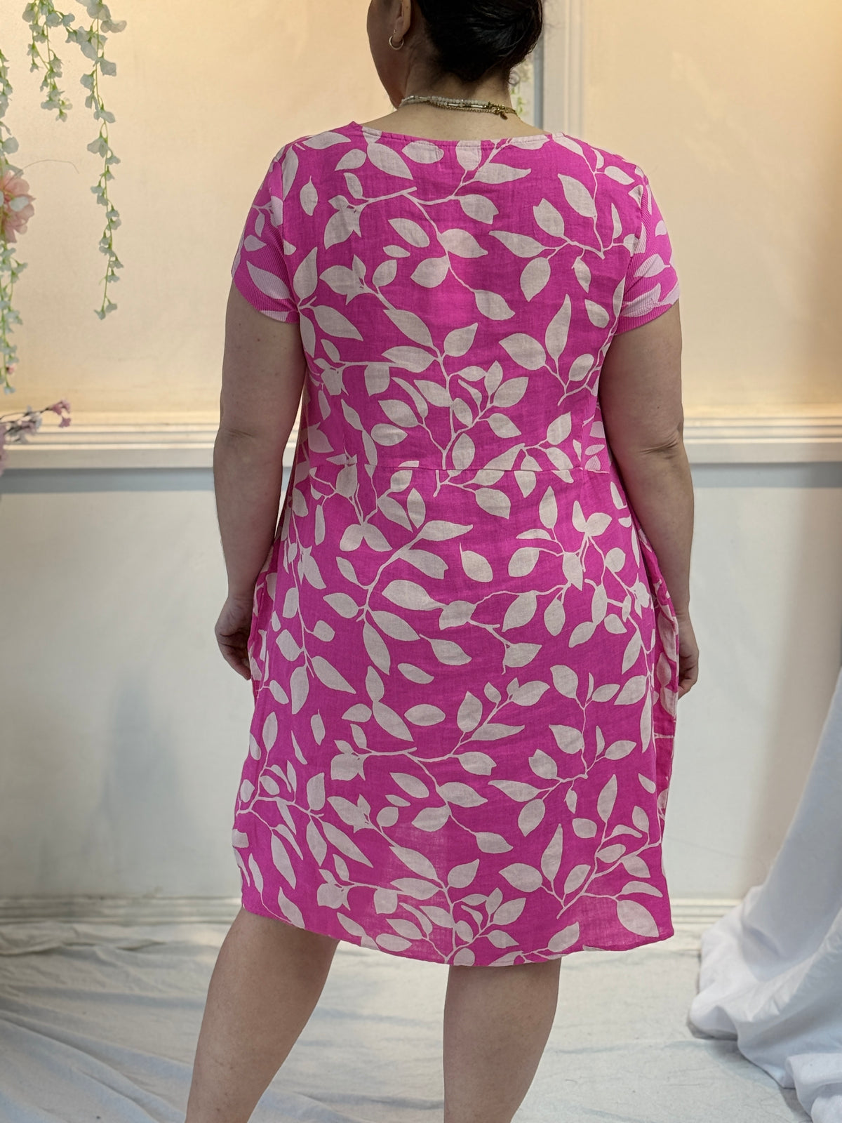 Sicily Pink Leaf Linen Dress