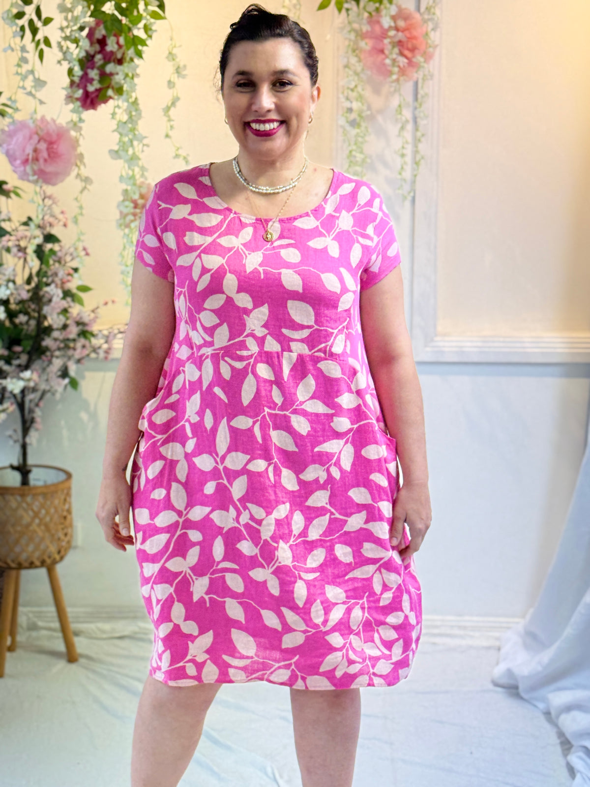 Sicily Pink Leaf Linen Dress