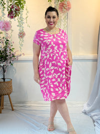 Sicily Pink Leaf Linen Dress
