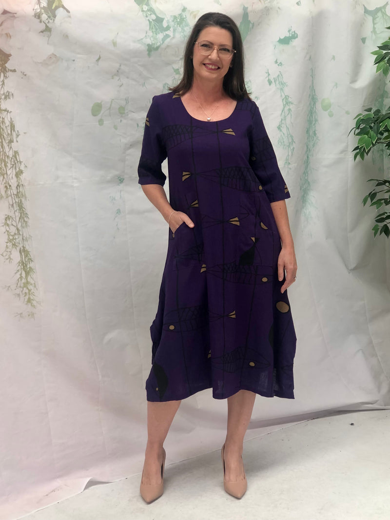 Wynn Fishbone Purple Linen Dress