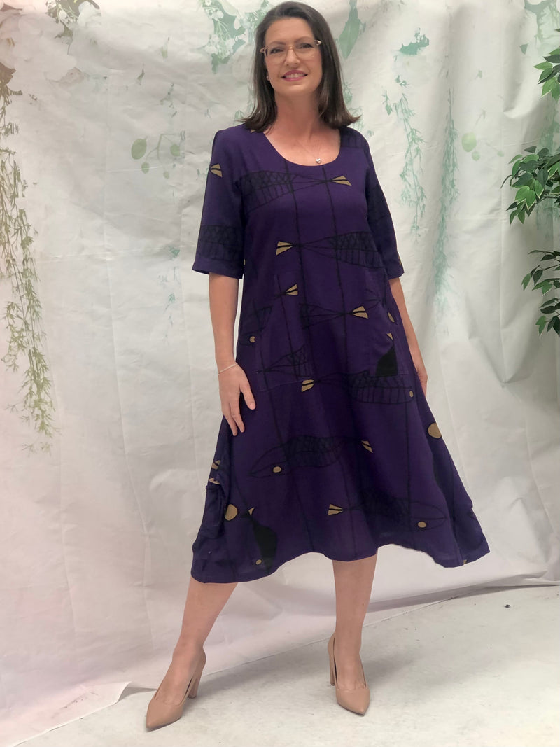 Wynn Fishbone Purple Linen Dress