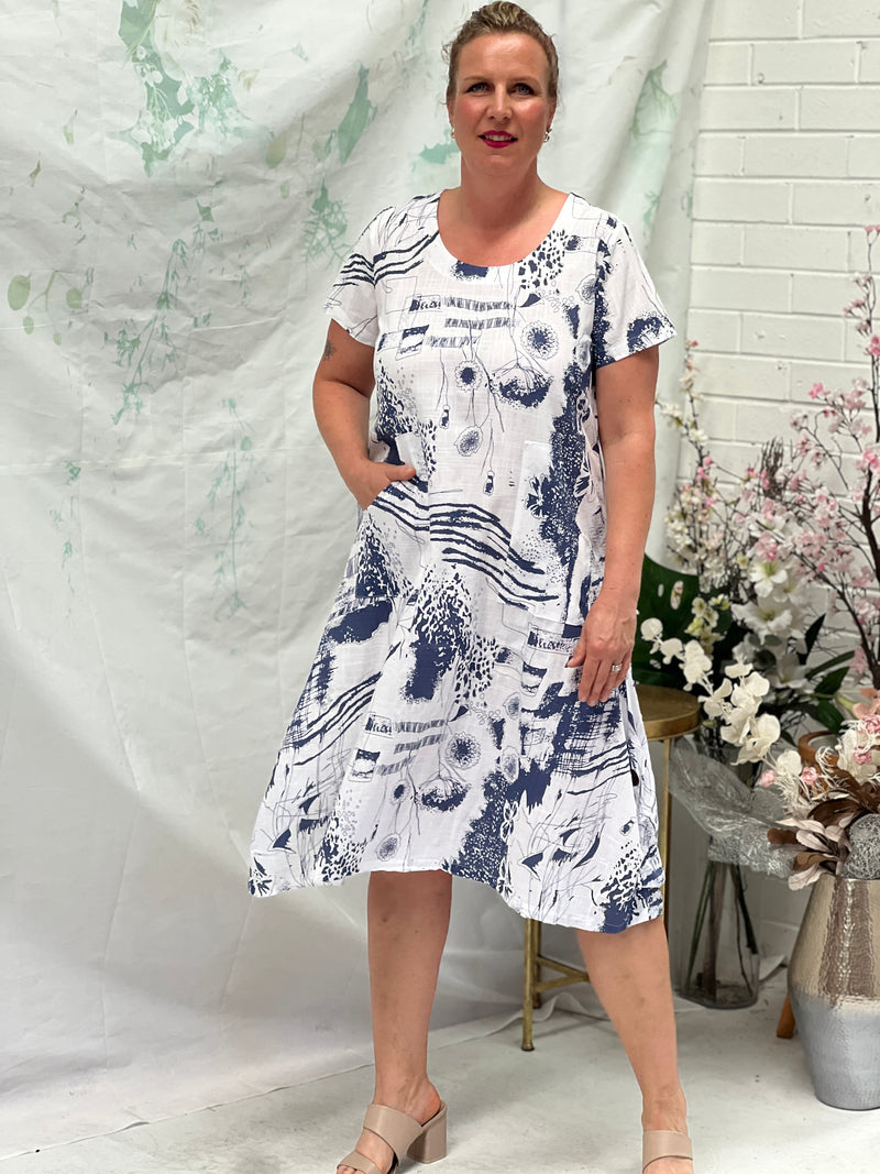 Wynn White Abstract Linen Dress