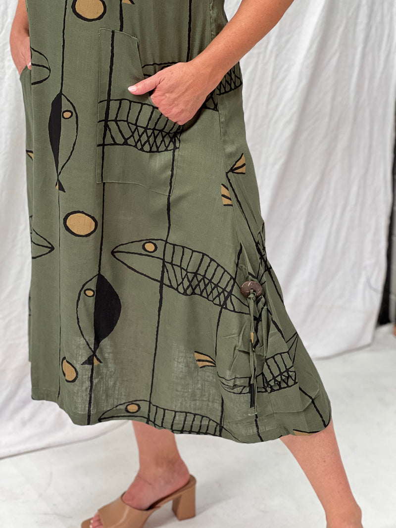 Wynn Khaki Abstract Linen Dress