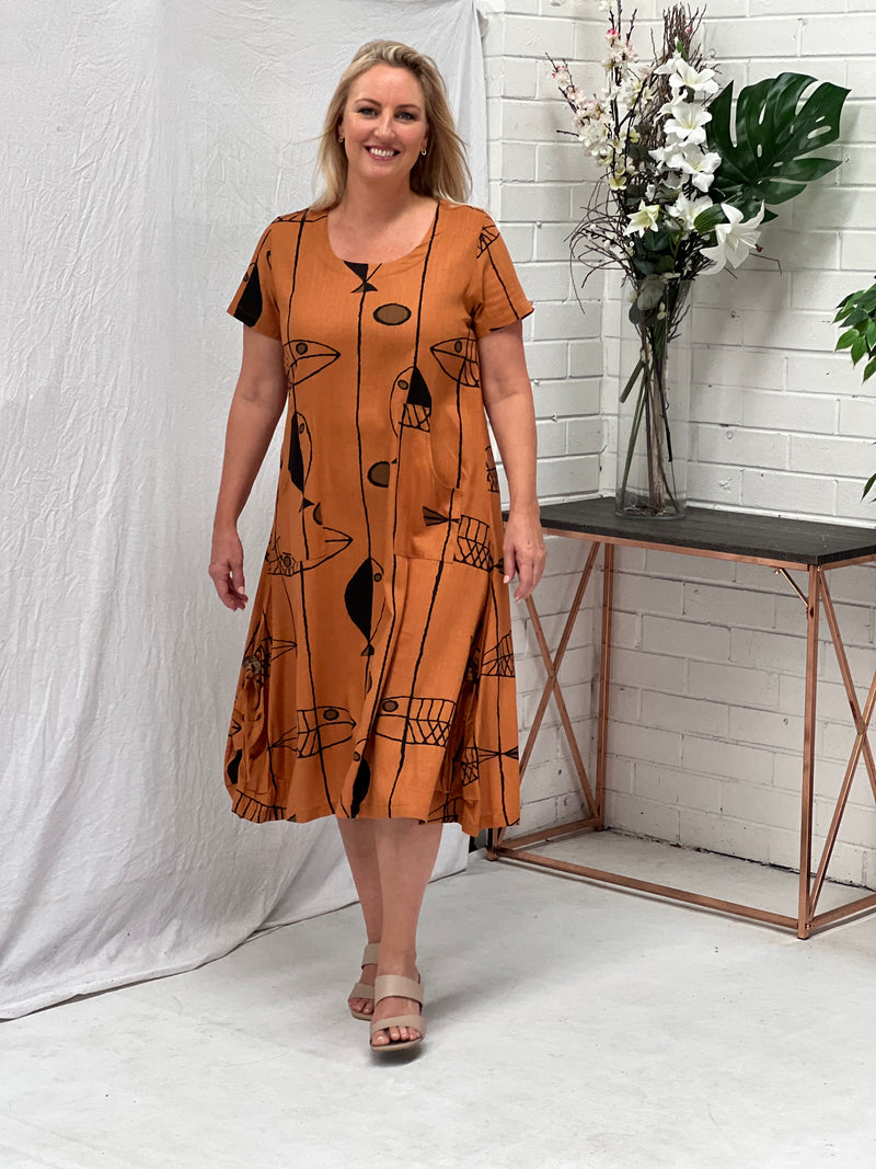 Wynn Rust Abstract Linen Dress