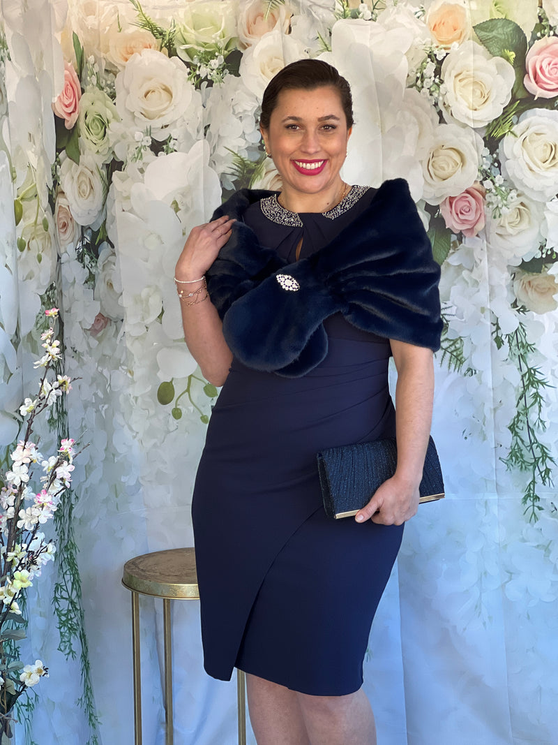 Yannis Navy Faux Fur Shawl – Dressxox - Main Image
