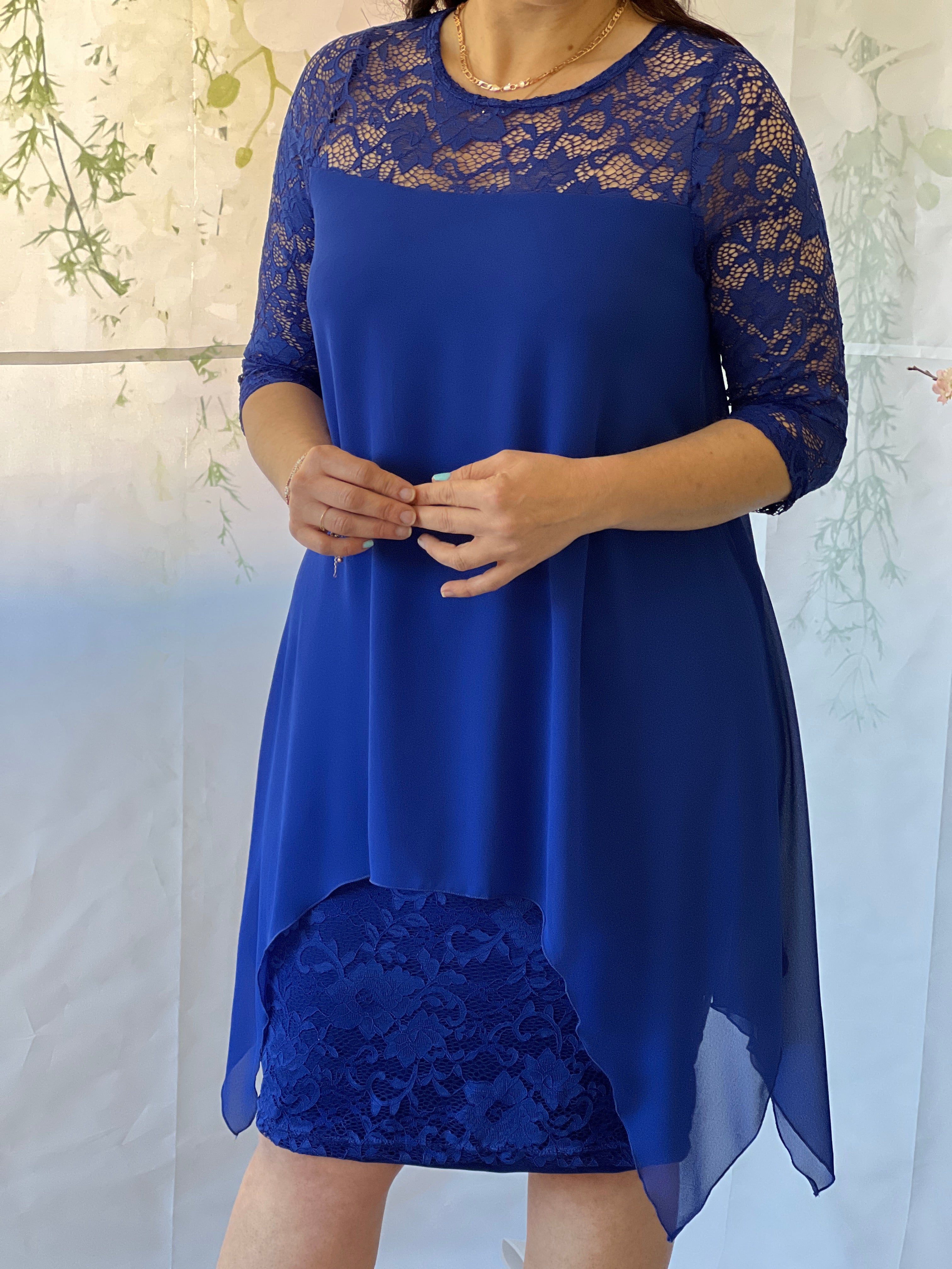 Three quarter sleeve chiffon overlay navy store lace dress