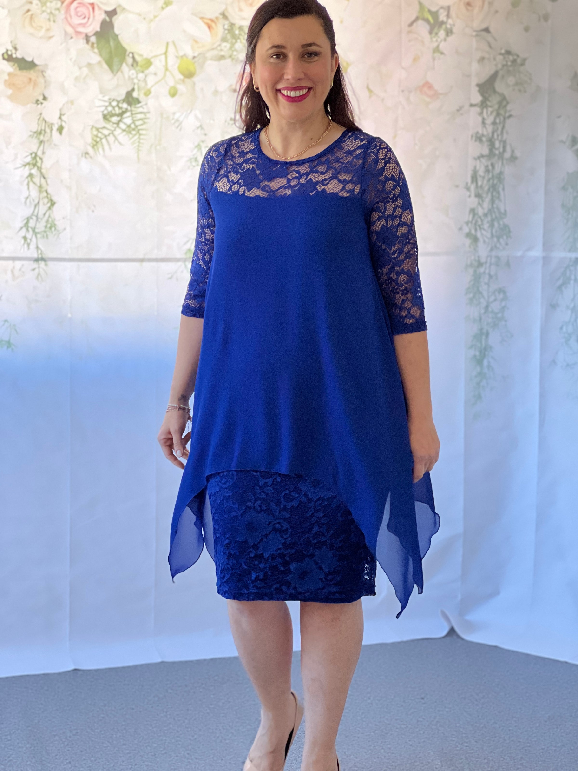 Lace Empire Maxi Dress with Short Sleeves Royal Blue