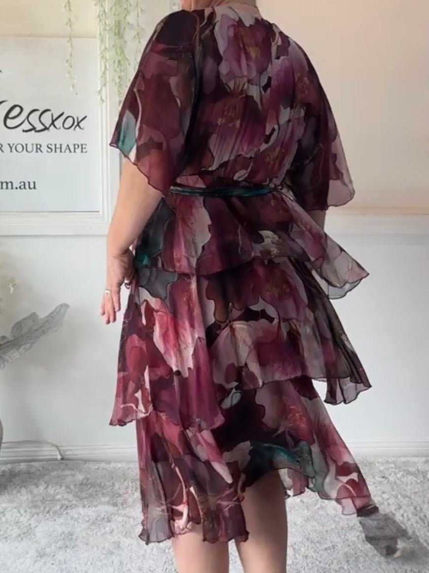 Emily Burgundy Floral Silk Dress