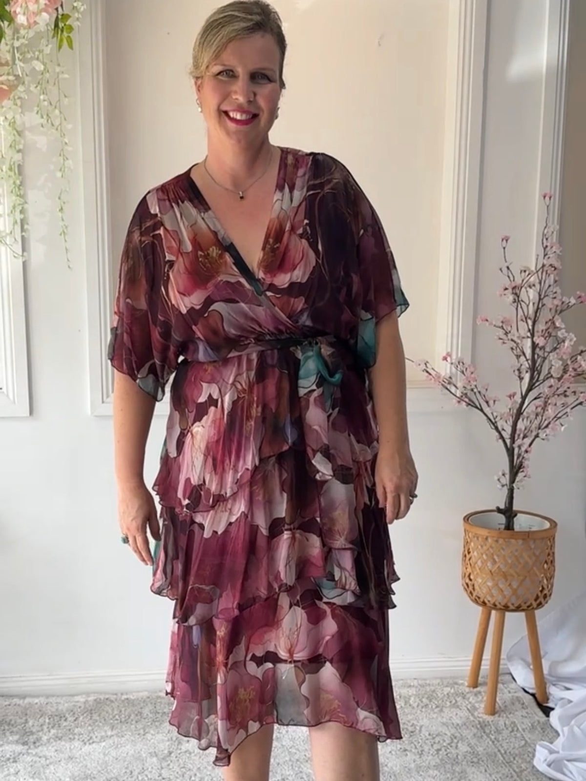Emily Burgundy Floral Silk Dress