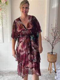 Emily Burgundy Floral Silk Dress
