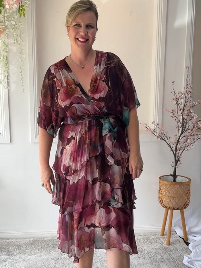 Emily Burgundy Floral Silk Dress