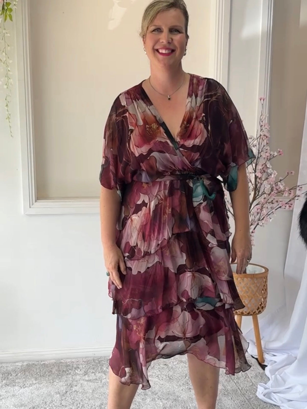 Emily Burgundy Floral Silk Dress