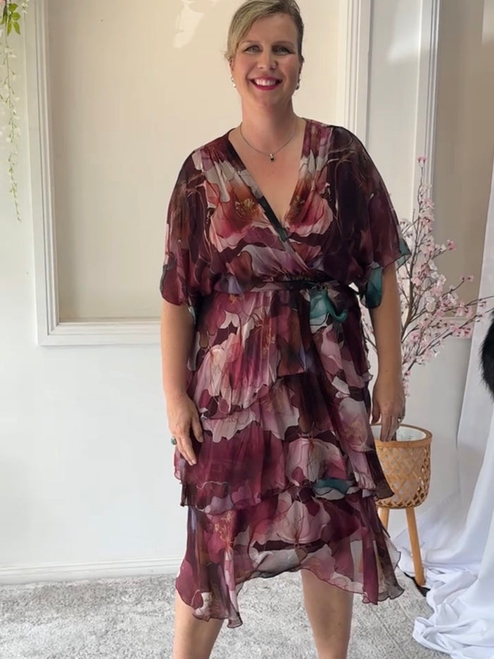 Emily Burgundy Floral Silk Dress